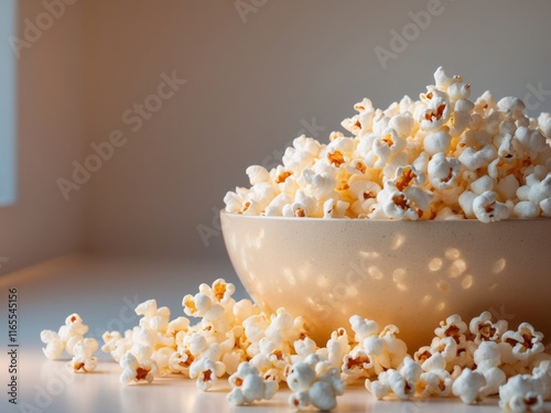 Vivid bowl of crisp popcorn creating a cheerful and inviting atmosphere for snack lovers and movie enthusiasts photo