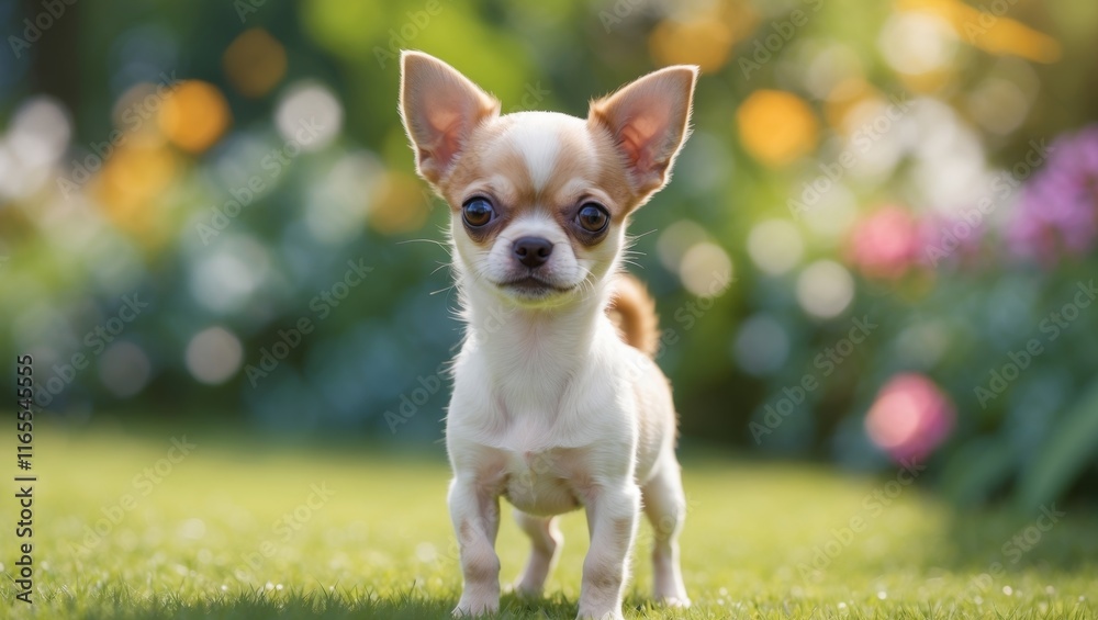 A Charming Chihuahua Puppy Standing in a Sunny Garden Looking Directly at the Camera with Innocent Eyes and Large Ears A Charming Chihuahua Puppy Standing in a Sunny Garden Looking Directly at the Camera with Innocent Eyes and Large Ears