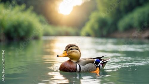 Cute Duck Floating Downstream in Scenic River