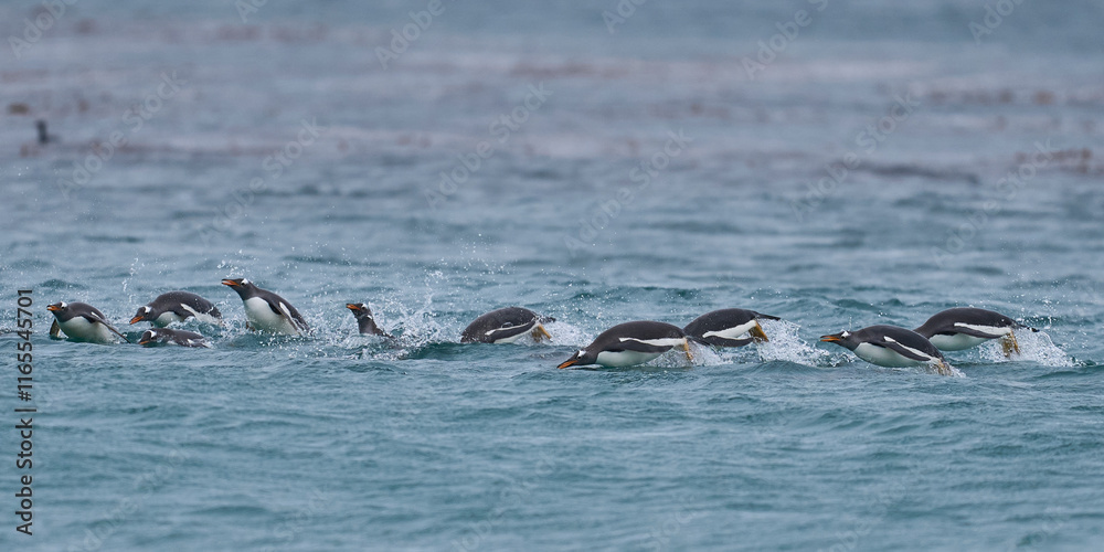 Fototapeta premium Group of Gentoo Penguin (Pygoscelis papua) porpoising as they approach the shore of Sea Lion Island in the Falkland Islands.