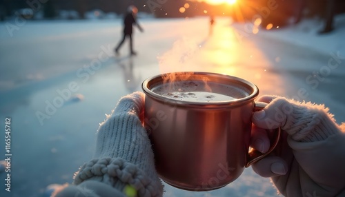 A steaming mug of hot chocolate in a mug with a shiny, metallic finish, held by a person ice skating on a frozen lake, with snow falling gently around them, and the setting sun casting a warm glow on  photo