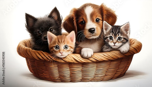Kittens and puppies live together in good neighborhood in a wicker basket