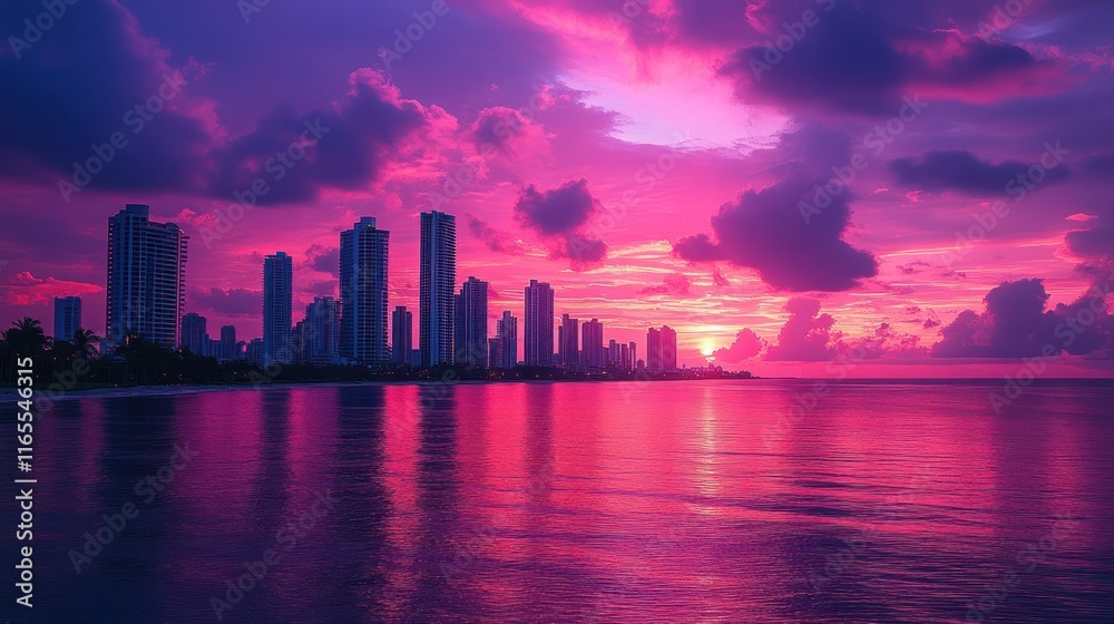 Obraz premium Vibrant sunset over a city skyline by the ocean.