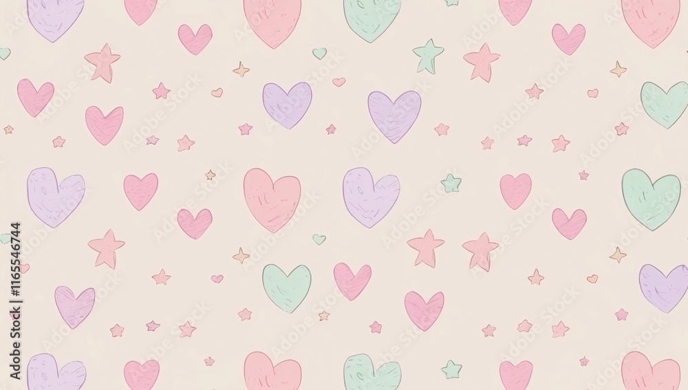 Soft pastel dreams emerge in a whimsical pattern filled with hearts and stars, inviting creativity and imagination to dance across the canvas of life