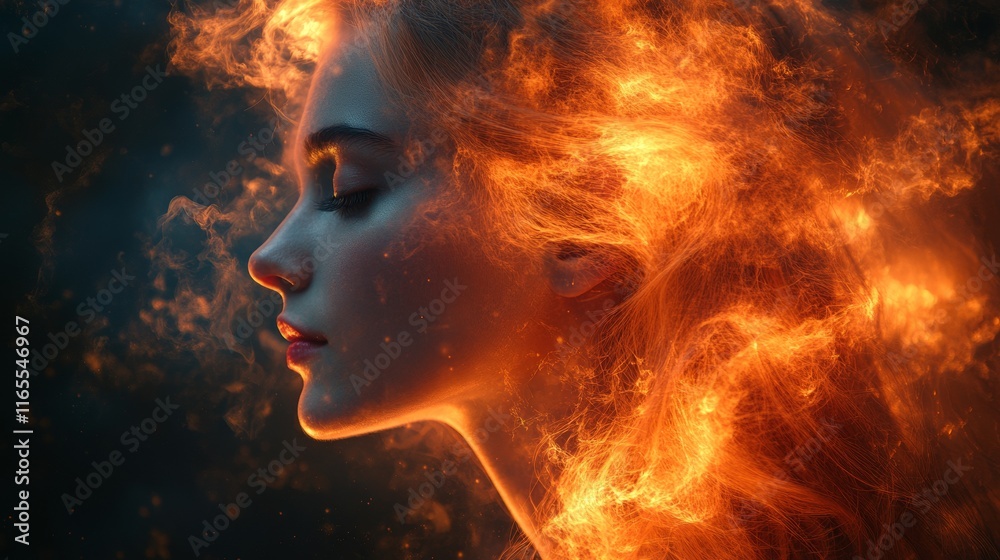 Surreal profile of a woman surrounded by glowing orange flames Surreal profile of a woman surrounded by glowing orange flames