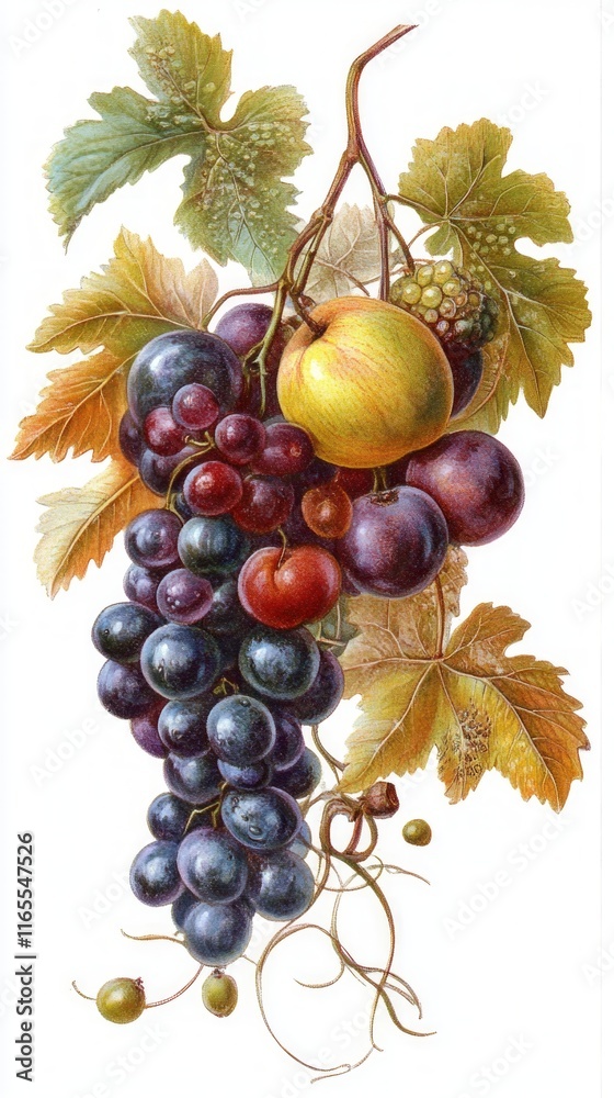 Obraz premium A Detailed and Exquisite Still Life of Grapes, Apples, and Plums - A Rich and Vibrant Display of Nature's Bounty