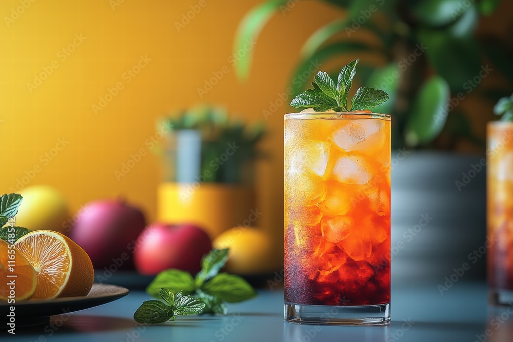 Fototapeta premium Refreshing layered cocktail with mint and citrus in vibrant setting