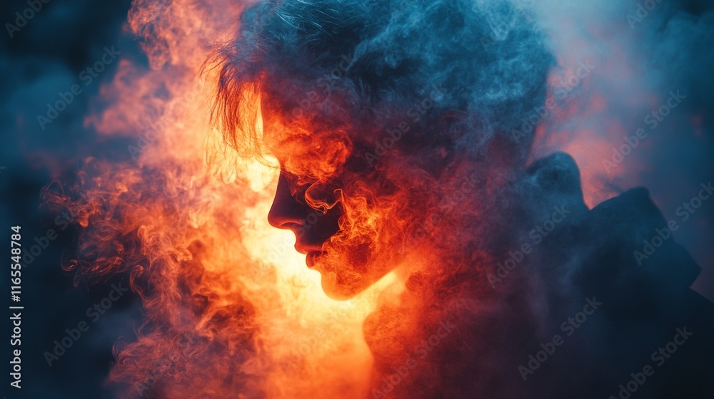 Fototapeta premium Profile of a man surrounded by glowing fiery smoke
