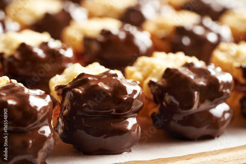 Konstfotografi Closeup of homemade Christmas cookies filled with marmalade and dipped in chocol