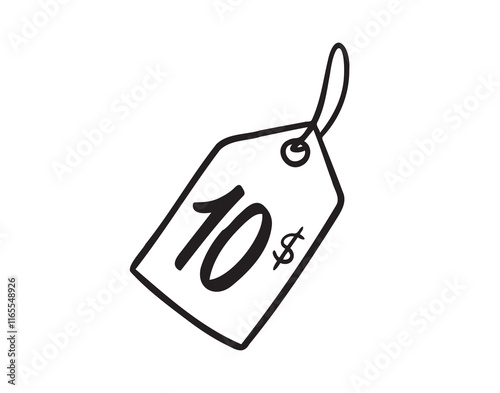 10 dollarsprice tag doodle hand drawn icon. Outline drawing ten dollars price tag line clipart symbol. Isolated price tag