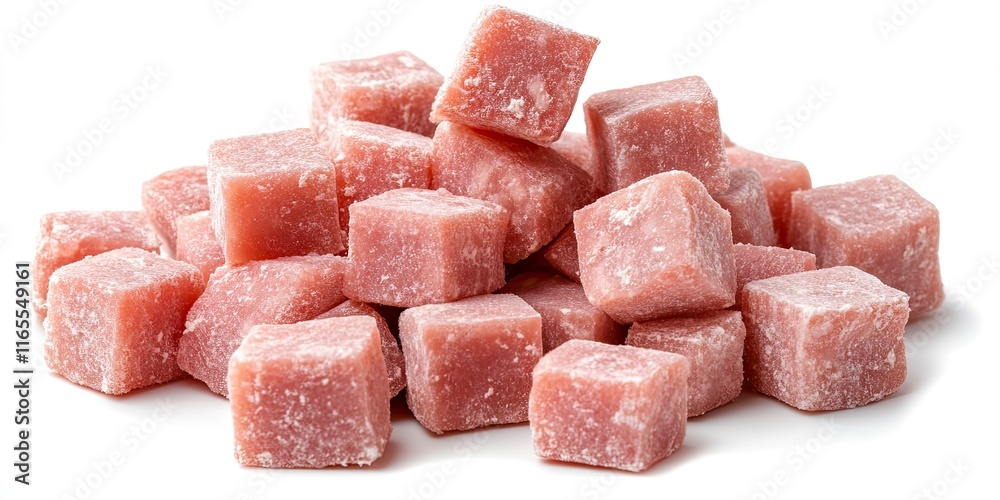 pile of fresh pork cubes isolated on white background. pile of fresh pork cubes isolated on white background.