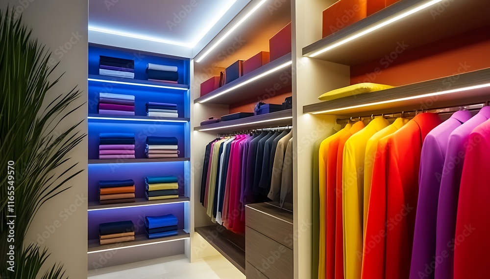 Sophisticated walk-in closet with sleek shelving ambient lighting and neatly displayed designer items Sophisticated walk-in closet with sleek shelving ambient lighting and neatly displayed designer items