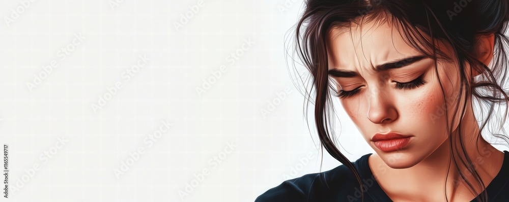 A realistic portrait of woman with sad expression. Face close up isolated on white background A realistic portrait of woman with sad expression. Face close up isolated on white background