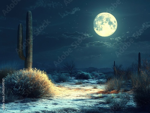 Night desert scene with cacti under a full moon. photo