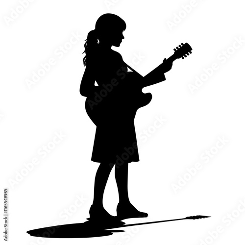 Silhouette of woman playing guitar, profile view.Music performance, guitar playing, event promotion, band concept, musician profile, music contest, music art, concert advertisement, guitar event.