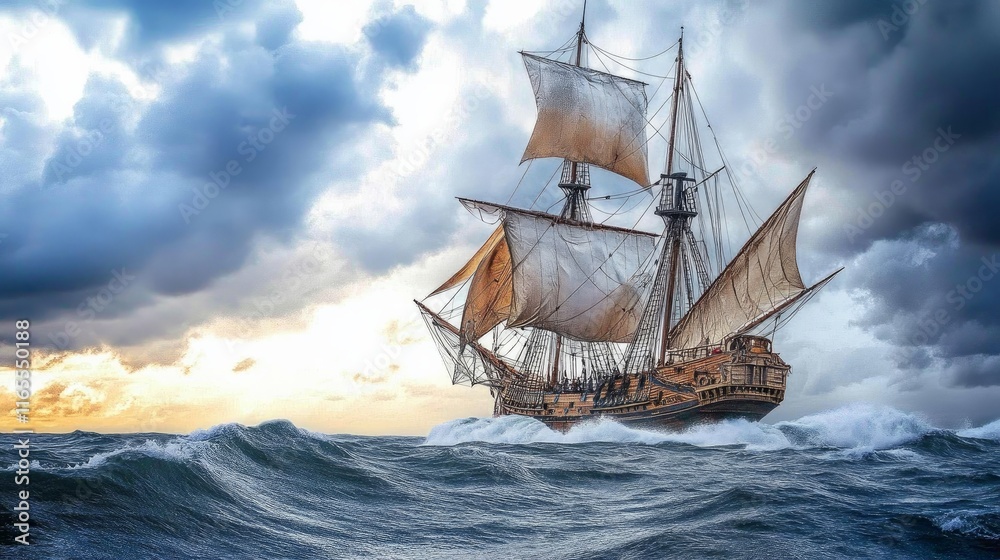 Fototapeta premium A ship sailing through stormy seas during the Age of Exploration.