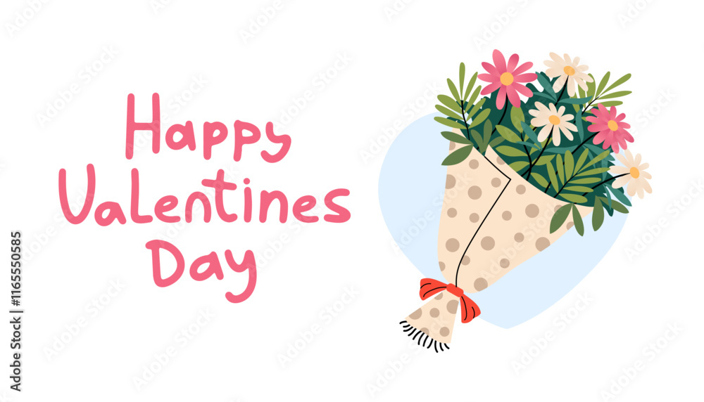 Fototapeta premium Happy Valentines day banner with flowers bouquet. Hand drawn lettering. February 14 celebration of romantic background. Feelings of love and care. Festive congratulations. Vector flat illustration.