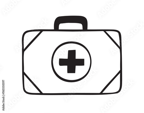 First aid kit hand drawn doodle icon. Drawing first aid kit case icon. Treatment, medicine concept.