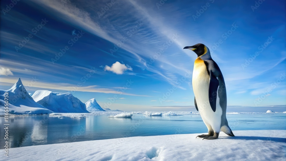 Obraz premium Emperor Penguin on Ice - Scenic Horizon - AI Photo