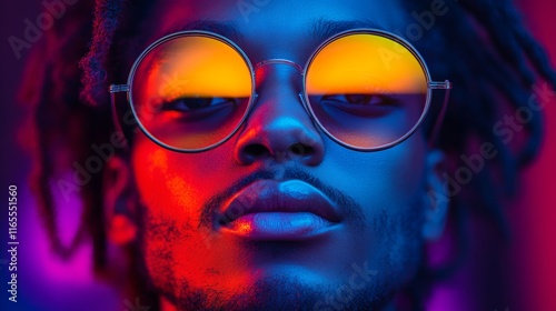 Portrait of a man wearing reflective sunglasses in vibrant lighting