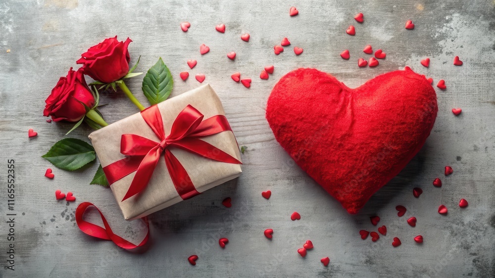 A romantic gift with a red ribbon and a heart-shaped plush toy surrounded by red hearts on a gray wooden background. A romantic gift with a red ribbon and a heart-shaped plush toy surrounded by red hearts on a gray wooden background.
