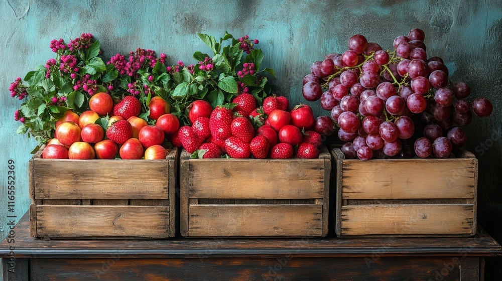 Fresh fruits displayed in a rustic wooden crate Fresh fruits displayed in a rustic wooden crate