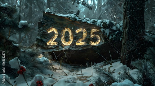 Glowing Numbers Etched in Snowy Forest Landscape for 2025