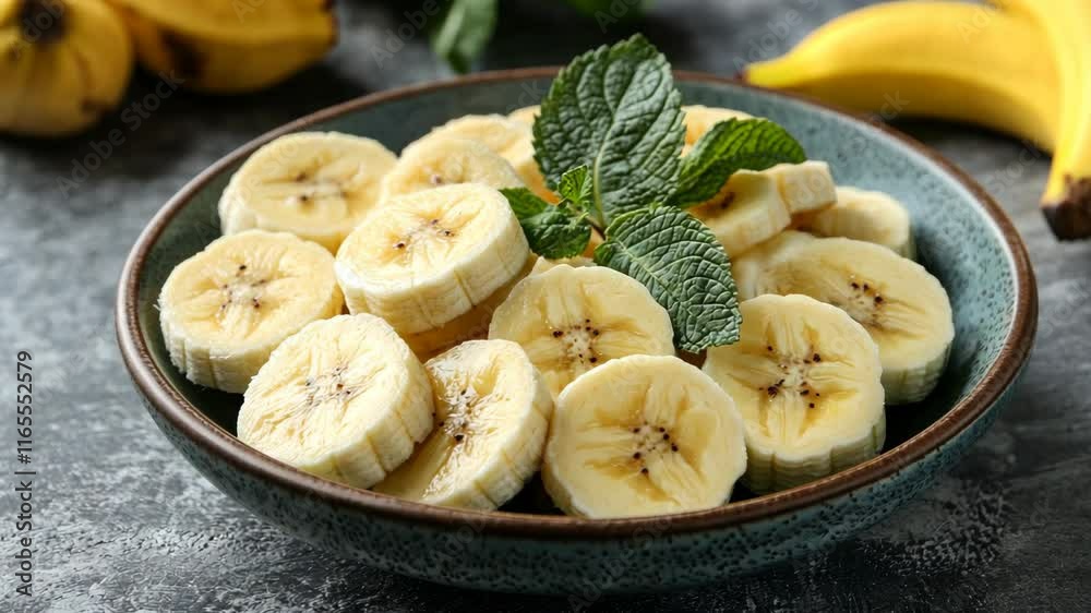 Freshly sliced bananas arranged in a bowl with mint leaves on a textured surface surrounded by whole bananas Freshly sliced bananas arranged in a bowl with mint leaves on a textured surface surrounded by whole bananas