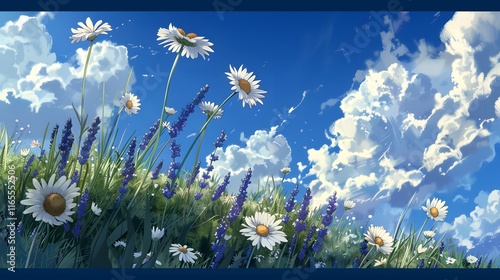 Tranquil Summer Hillside with Daisies and Lavender Blooms