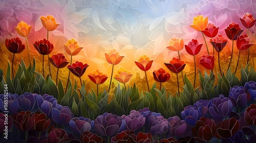 Vibrant Spring Garden of Glowing Tulips Under Colorful Sky