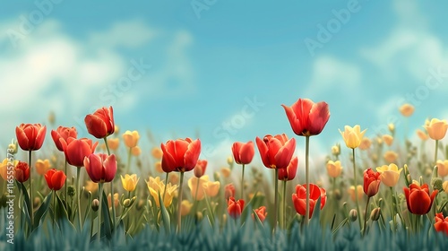 Vibrant Red and Yellow Tulips in Glowing Field Under Blue Sky