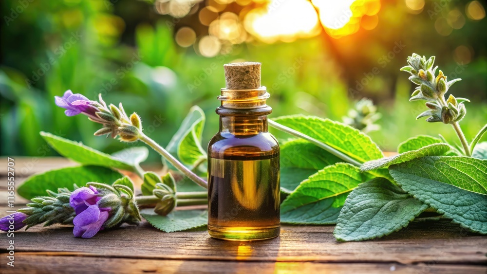 Essential Clary Sage Oil Bottle & Leaves - Rule of Thirds Composition Essential Clary Sage Oil Bottle & Leaves - Rule of Thirds Composition