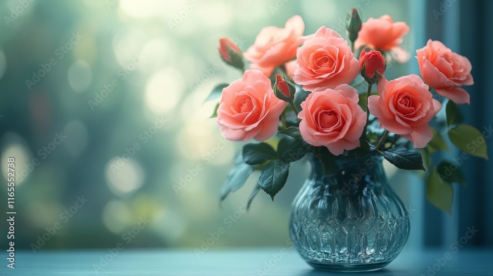 Elegant vase of pink roses against a soft bokeh background Elegant vase of pink roses against a soft bokeh background