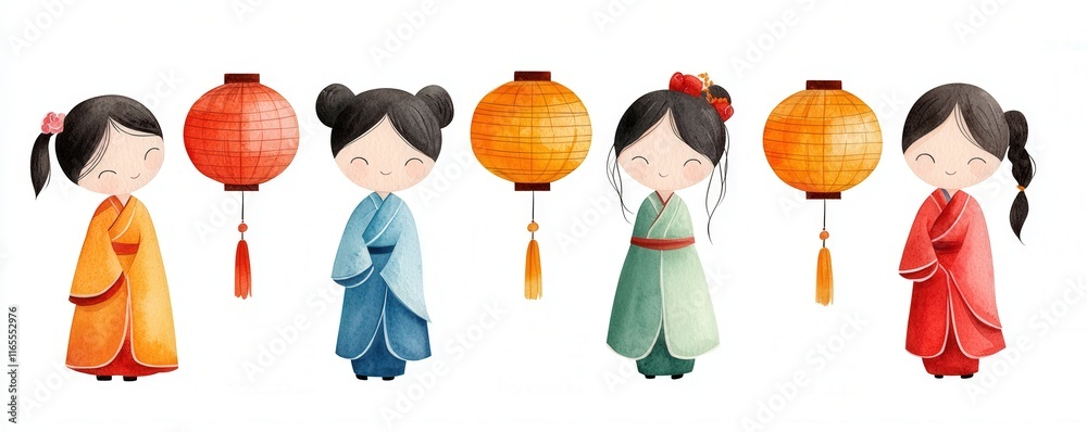 Fototapeta premium A Feast of Culture and Human Bonding at Chinese New Year concept. Charming illustration of girls in traditional outfits with lanterns.