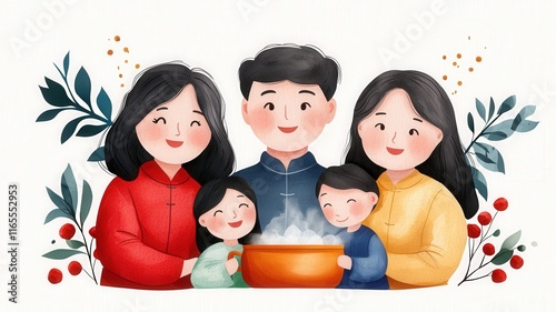 A Feast of Culture and Human Bonding at Chinese New Year concept. Family cooking together with a steaming pot and festive decor. photo