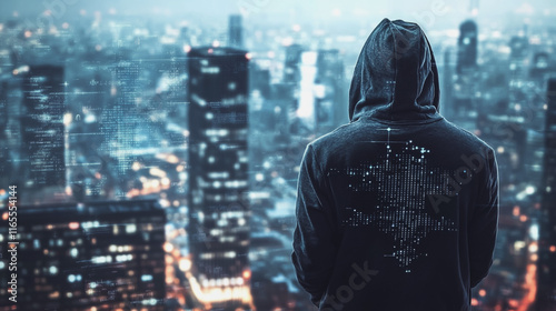 Hacker are planning to hack and attack networks and cyber security systems. Smart Innovation city with connection future wireless digital city and social media networking over the cityscape.