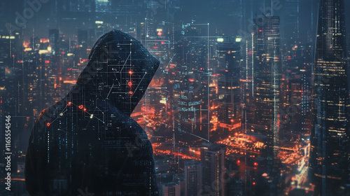 Hacker are planning to hack and attack networks and cyber security systems. Smart Innovation city with connection future wireless digital city and social media networking over the cityscape.