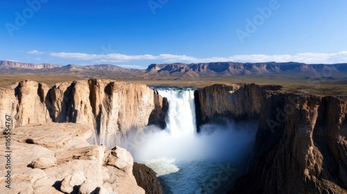 Majestic waterfall cascading into a rocky gorge under a clear sky.