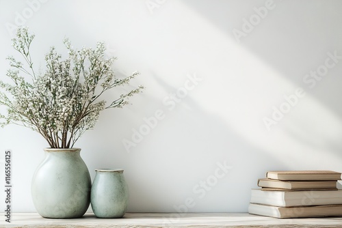 Modern table against white wall with vase and books on it