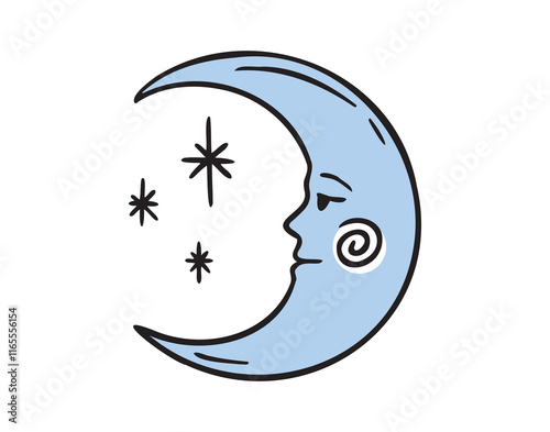 Moon face doodle element. Blue mystical cartoon whimsical boho style. Moon space cosmic line icon.