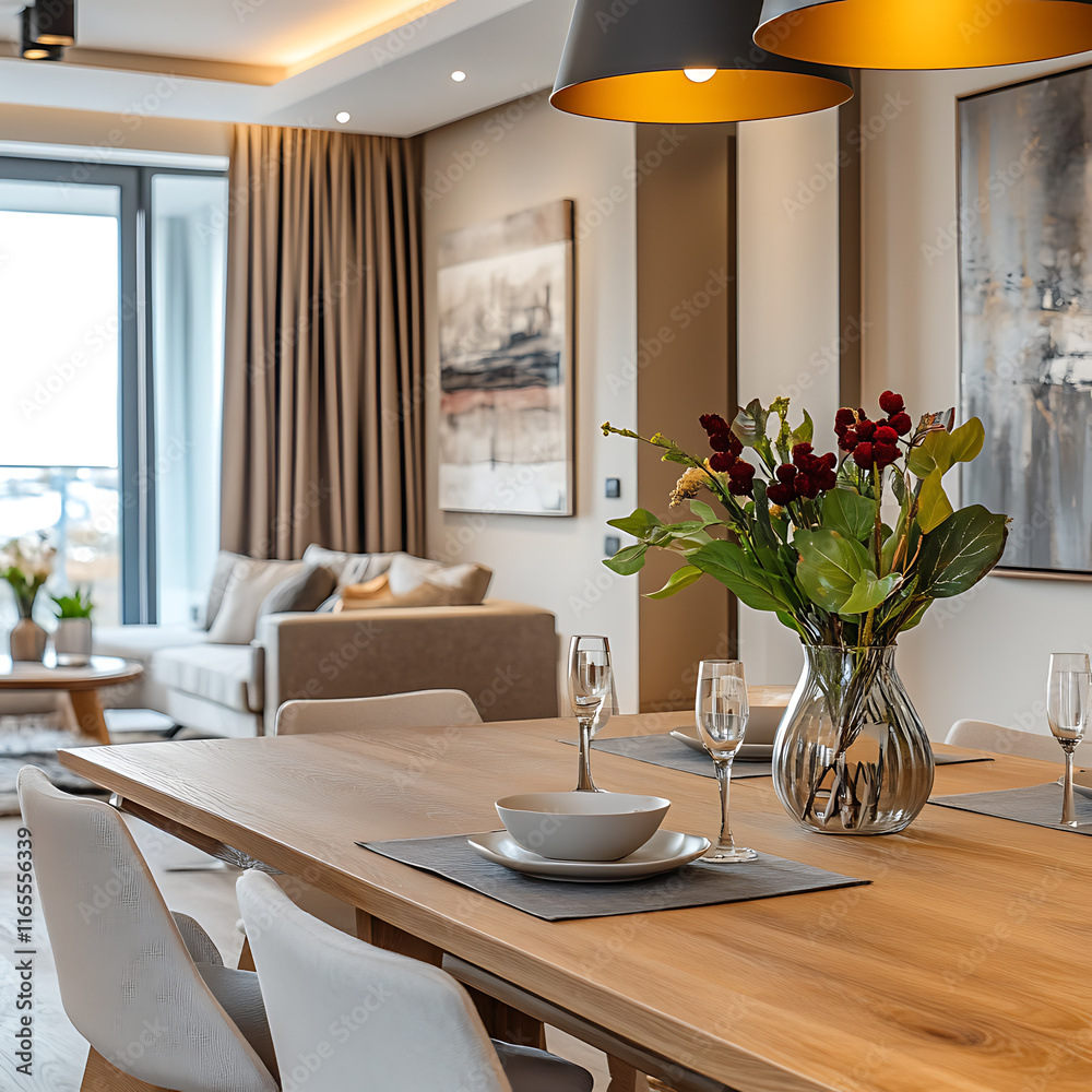 room in a modern apartment with a bold centerpiece on a wooden table and beige walls, image size 16:9 room in a modern apartment with a bold centerpiece on a wooden table and beige walls, image size 16:9