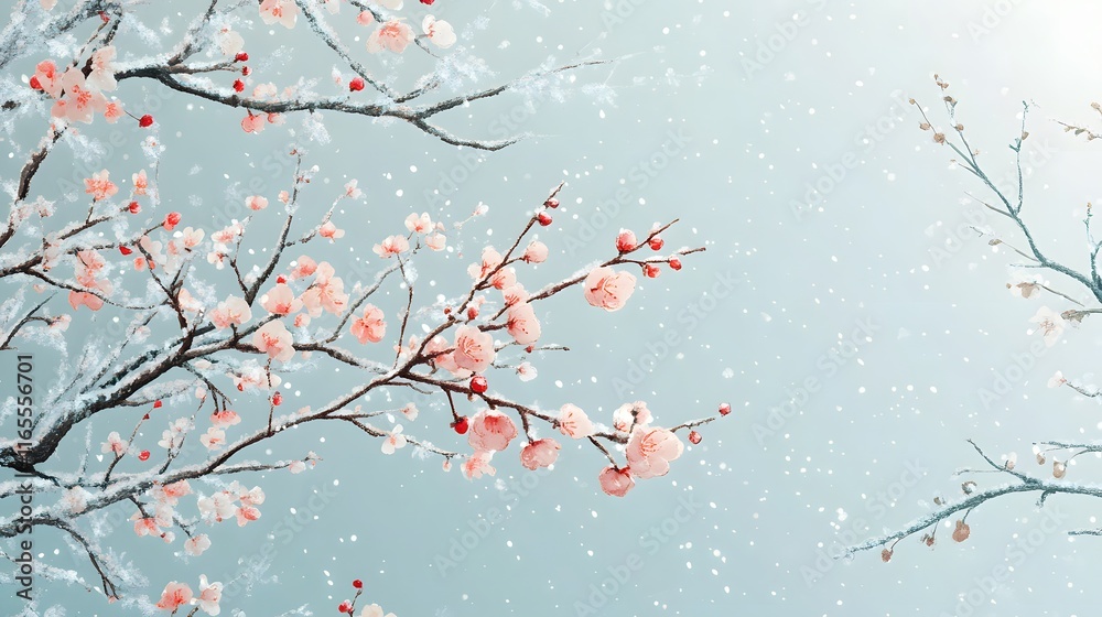 Delicate Pink Cherry Blossoms with Snowflakes in Serene Winter Setting Delicate Pink Cherry Blossoms with Snowflakes in Serene Winter Setting