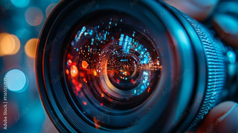 Close-up of a camera lens with reflections of lights Close-up of a camera lens with reflections of lights