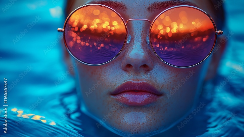 Reflection of sunset in stylish sunglasses Reflection of sunset in stylish sunglasses