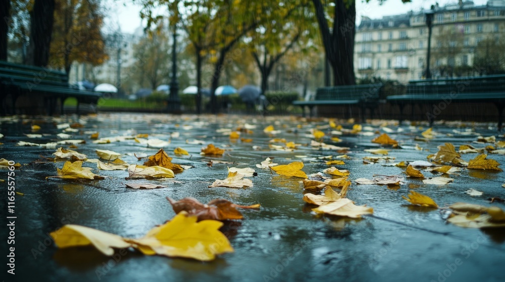 Rainy Autumn Day with Wet Leaves and Umbrellas Rainy Autumn Day with Wet Leaves and Umbrellas
