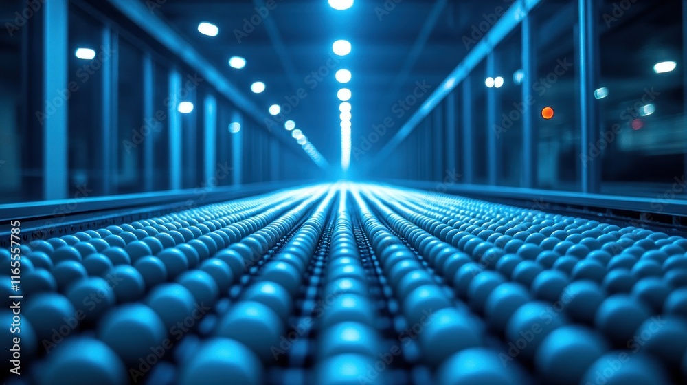 Obraz premium Industrial conveyor belt with rows of spherical objects in a brightly lit factory.