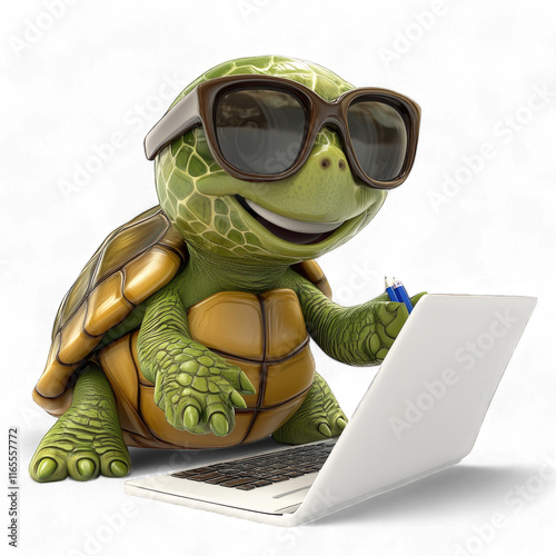 3D Cartoon turtle wearing sunglasses typing on laptop in office setting isolated on transparent background PNG photo