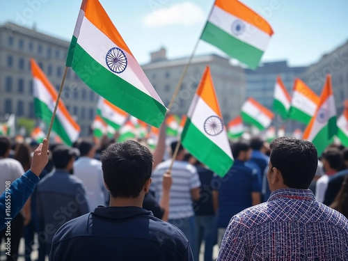 Manifestación de gente con banderas indias. Gente de espalda protestando en India. Banderas.  photo