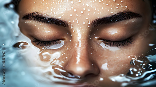 close up of woman face partially submerged in water, eyes closed, with droplets falling and creating ripples, evoking calm and tranquility with copy space 