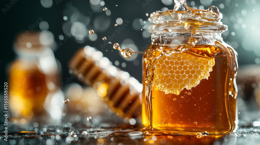 Honey jar splashing with water and honey against blurred background Honey jar splashing with water and honey against blurred background